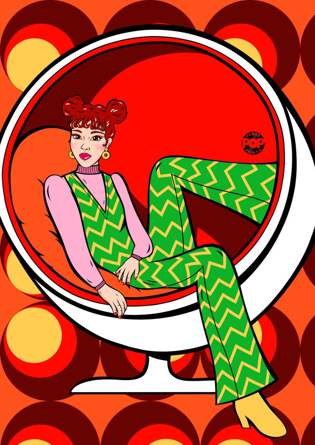 Digital drawing in pop art and comic style of a girl with burgundy hair and wearing a green jumpsuit with chevrons. She is sitting in a white and red Ball chair. The background of the image consists of patterns from the 70s.