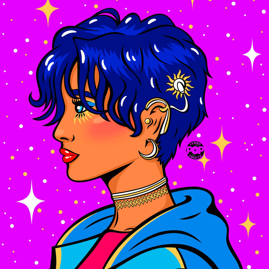 Digital drawing in pop art and comic style of a girl with blue short hair. She wears a blue sweatshirt with a pink top. She is deaf and wears a jeweled cochlear implant. The background of the design is purple and starry.