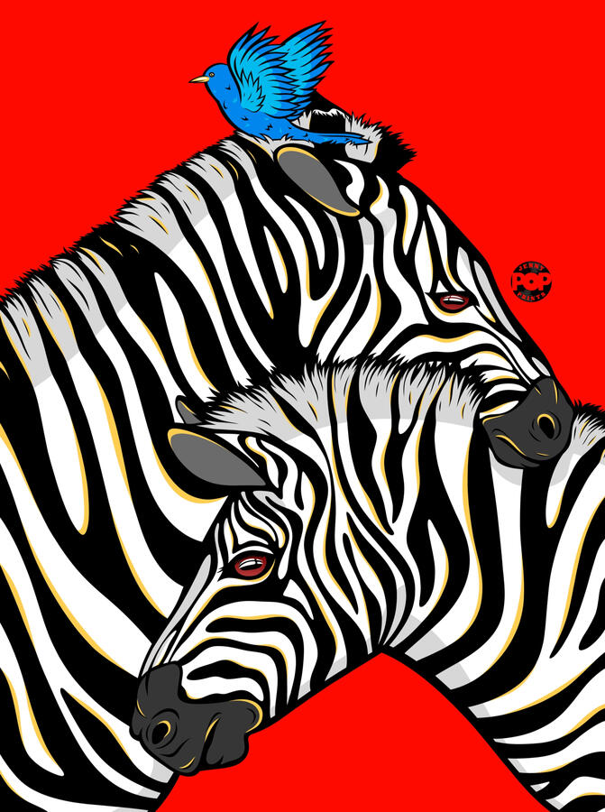 Digital drawing in pop art and comic style of two black and white zebras with yellow highlights. There is a blue bird on the head of one of the zebras and the background is red.