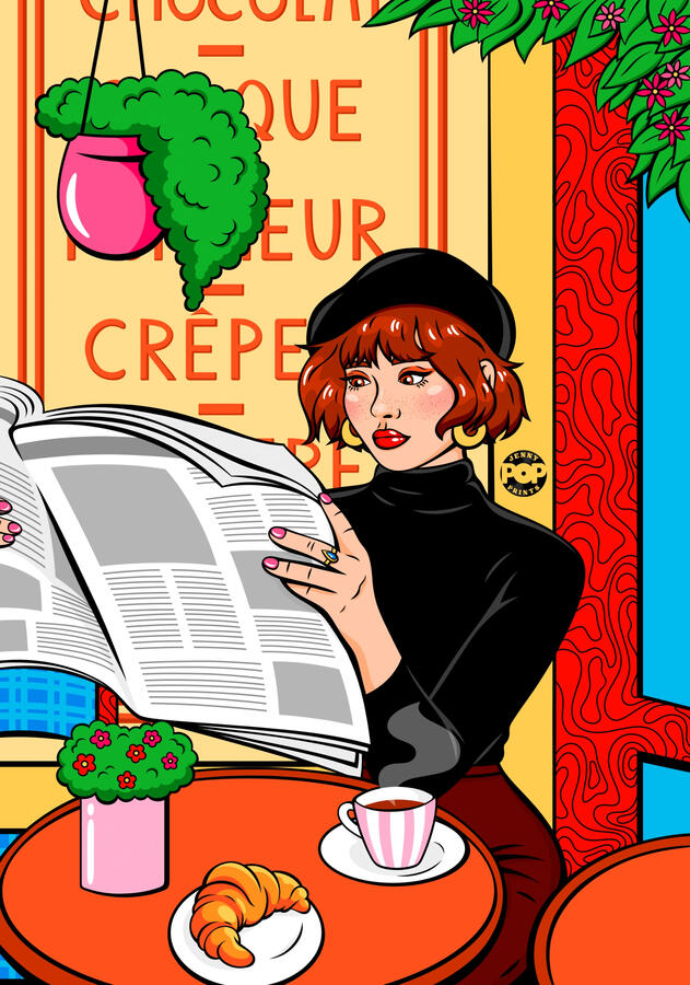 Digital drawing in pop art and comic style of a parisian girl with short hair and a beret. She is reading a newspaper in the terrace of a cafe filled with plants and flowers. There is a croissant and a coffee on her table.