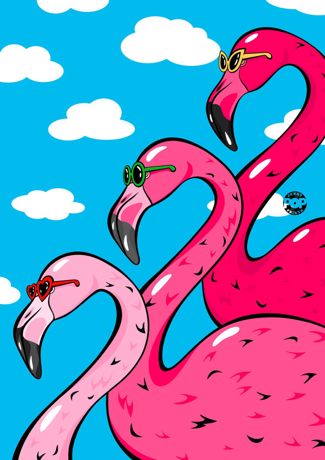 Digital drawing in pop art and comic style of three pink flamingos wearing sunglasses. The background of the image represents the sky with some clouds.