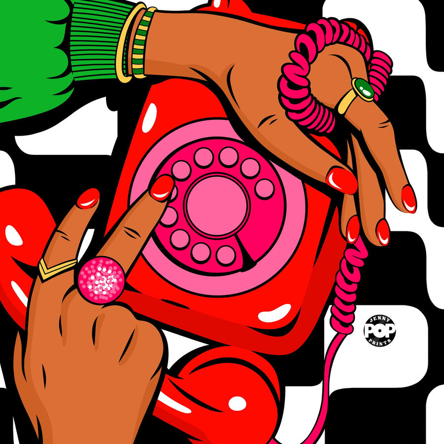 Digital drawing in pop art and comic style of a retro red and pink telephone. We see the hands of a woman who is in the process of dialing a number.
