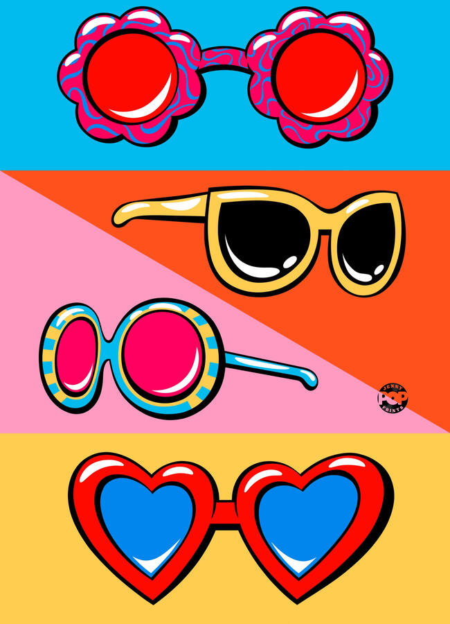 Digital drawing in pop art and comic style of four pairs of colored sunglasses on an assembly of four colors in the background.