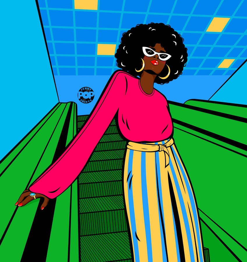 Digital drawing in pop art and comic style of a girl with an afro haircut and white sunglasses. She is in a blue metro and is going down a green escalator.