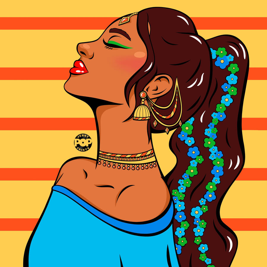 Digital drawing in pop art and comic style of a girl wearing a flowery ponytail and Indian jewelry. The background of the image is yellow with orange horizontal lines.