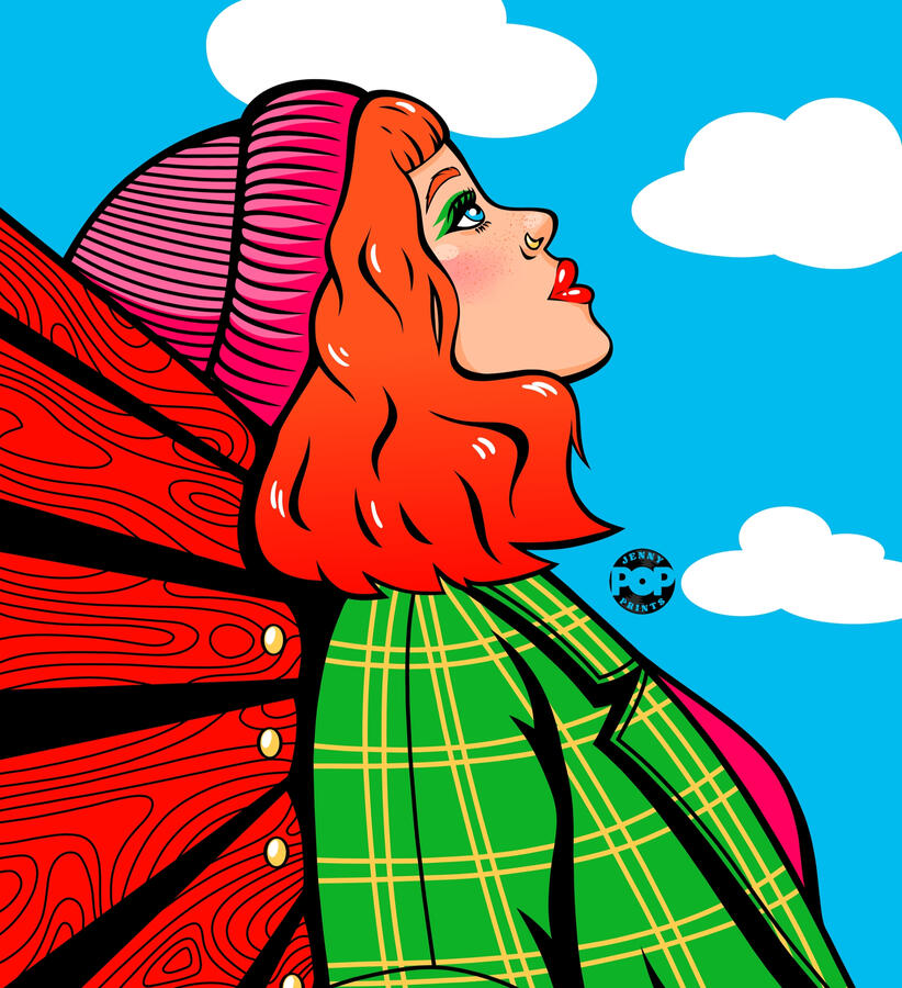 Digital drawing in pop art and comic style of a redhead girl looking at the sky from a red bench. She has blue eyes, freckles, and wears a pink beannie and top, under a green jacket with yellow patterns.