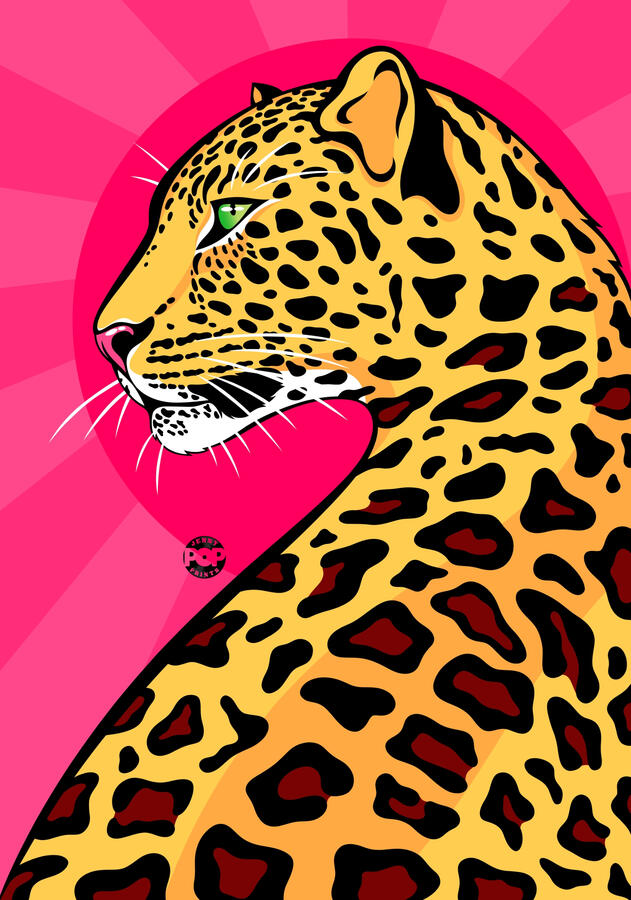 Digital drawing in pop art and comic style of a leopard. The background of the image is composed of a sunset with shades of pink.