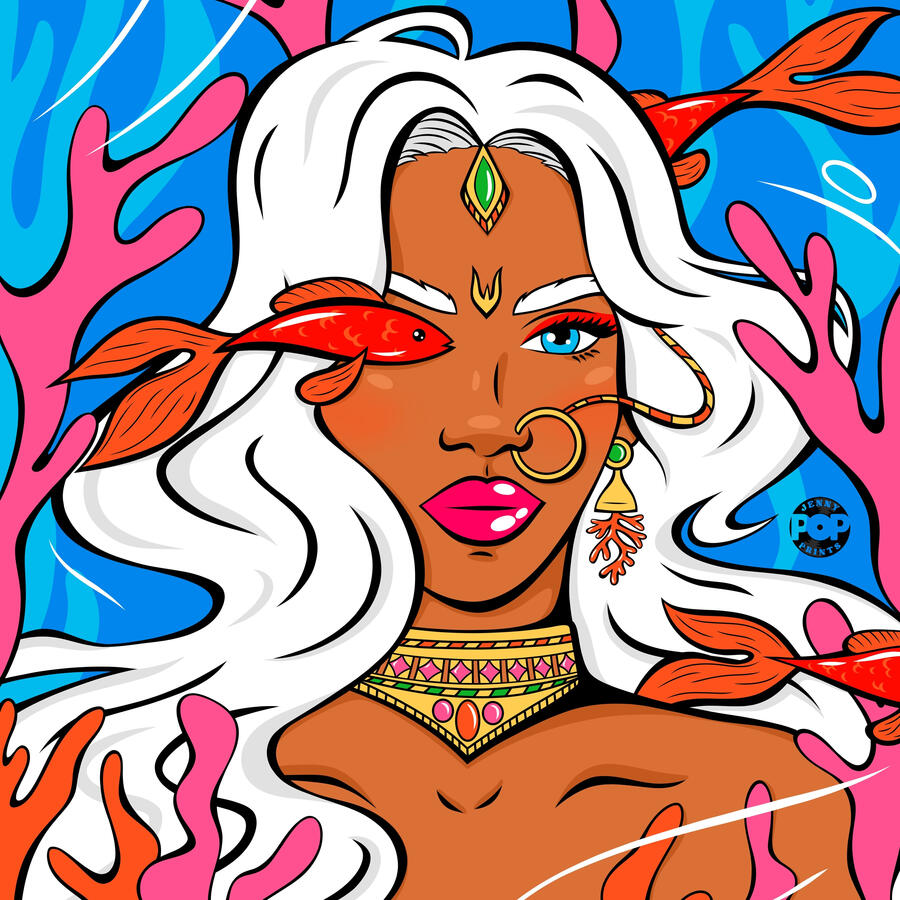 Digital drawing in pop art and comic style of a mermaid with blue eyes and white hair. She wears Indian jewelry and is surrounded by three goldfish. The background of the image represents the ocean and the corals.