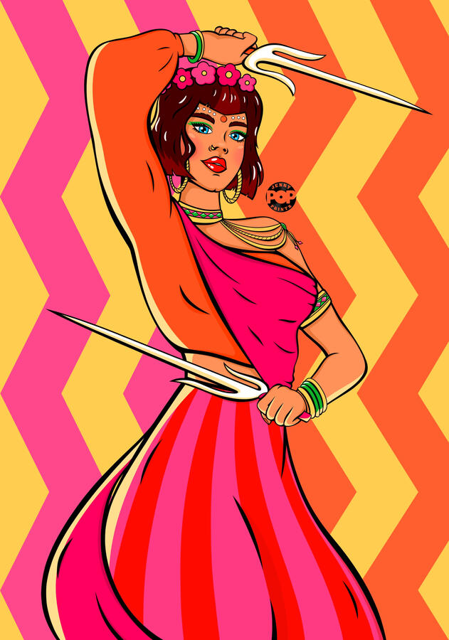 Digital drawing in pop art and comic style of a girl doing karate using Japanese sai. She has short brown hair, a flower crown and blue eyes. She wears Indian jewelry and a modern orange, pink and red sari.