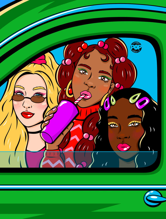Digital drawing in pop art and comic style of three girls wearing clothes and accessories in the style of the 90s. We see them through the window of a green car. One of them is drinking soda.