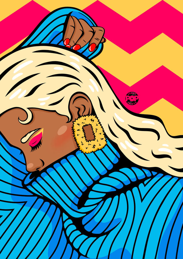 Digital drawing in pop art and comic style of a blonde girl wearing yellow fur earrings and a blue sweater. The background of the image consists of yellow and pink chevrons.