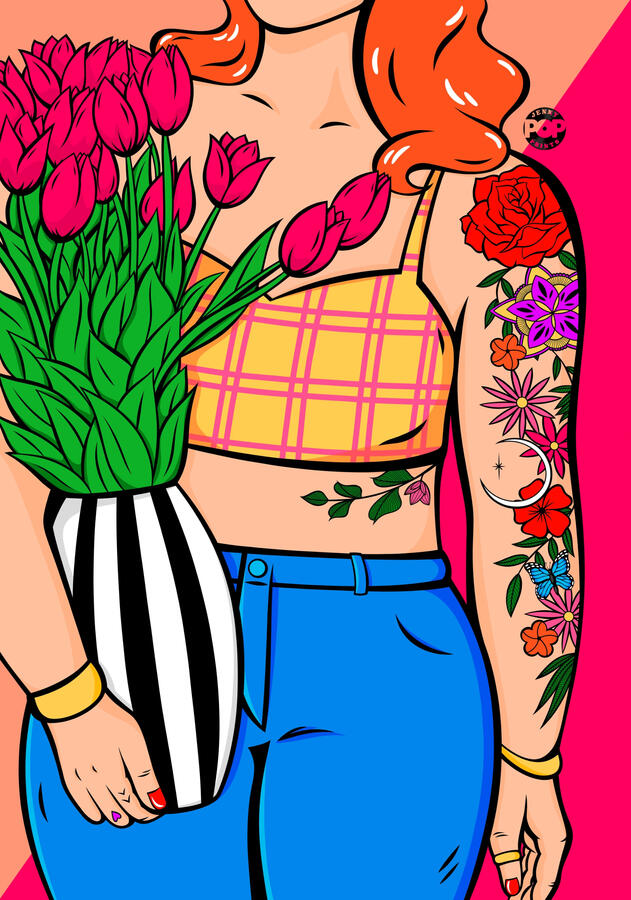 Digital drawing in pop art and comic style of a redhead girl wearing a crop top and jeans. She has colorful tattoos on her arm and stomach and holds a black and white vase filled with pink tulips.