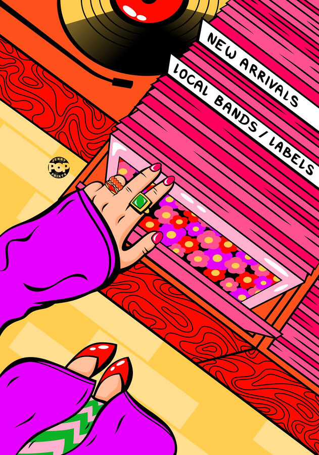 Digital drawing in pop art and comic style of a very colorful record store. Vinyls are pink with flowers and in a red furniture. We can see a girl wearing a purple coat, a pink and green dress and red shoes looking for a vinyl.
