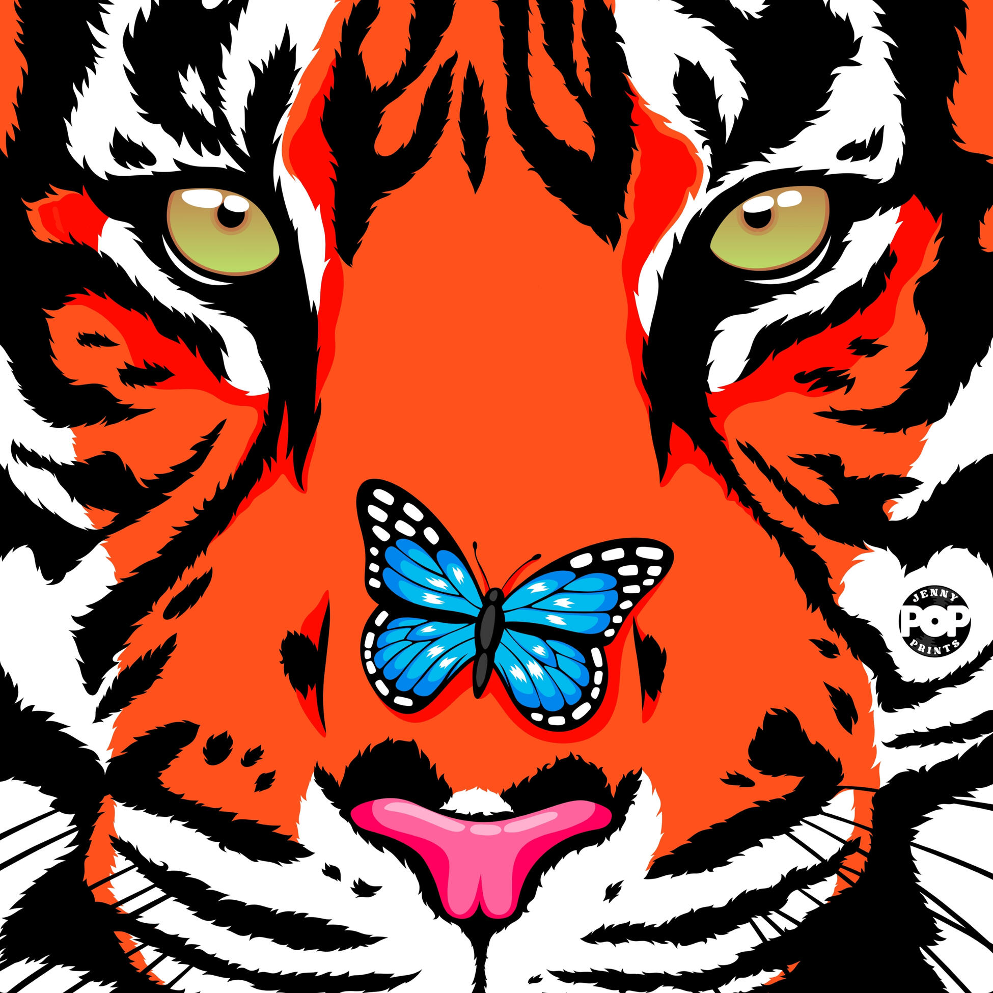 Digital drawing in pop art and comic style of a tiger with an orange color coat with red highlights. A blue butterfly sits on its nose.