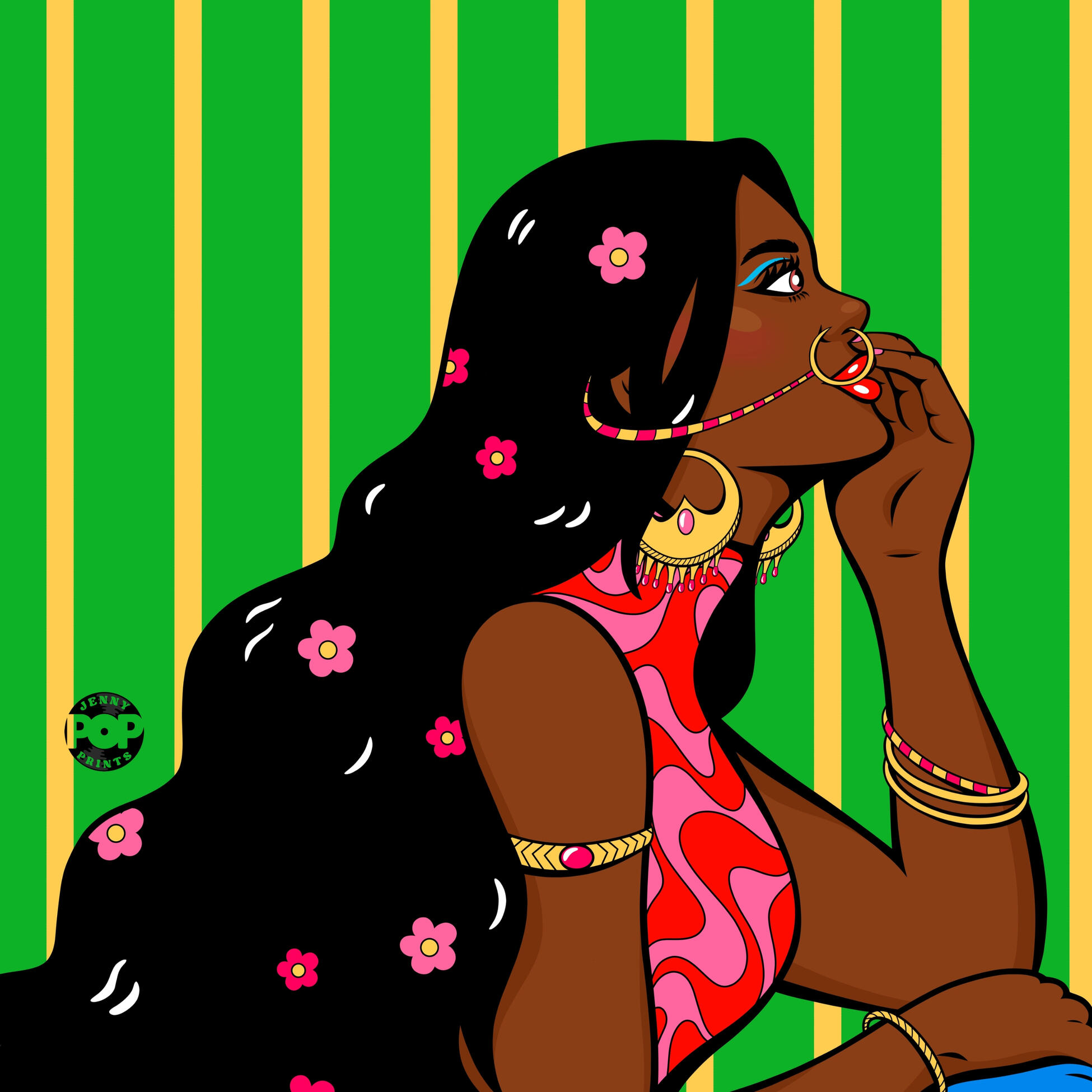 Digital drawing in pop art and comic style of a girl with long black hair in which there are pink flowers. She wears a pink and red top, Indian jewelry and blue eyeshadow. The background of the image is green with yellow vertical stripes.