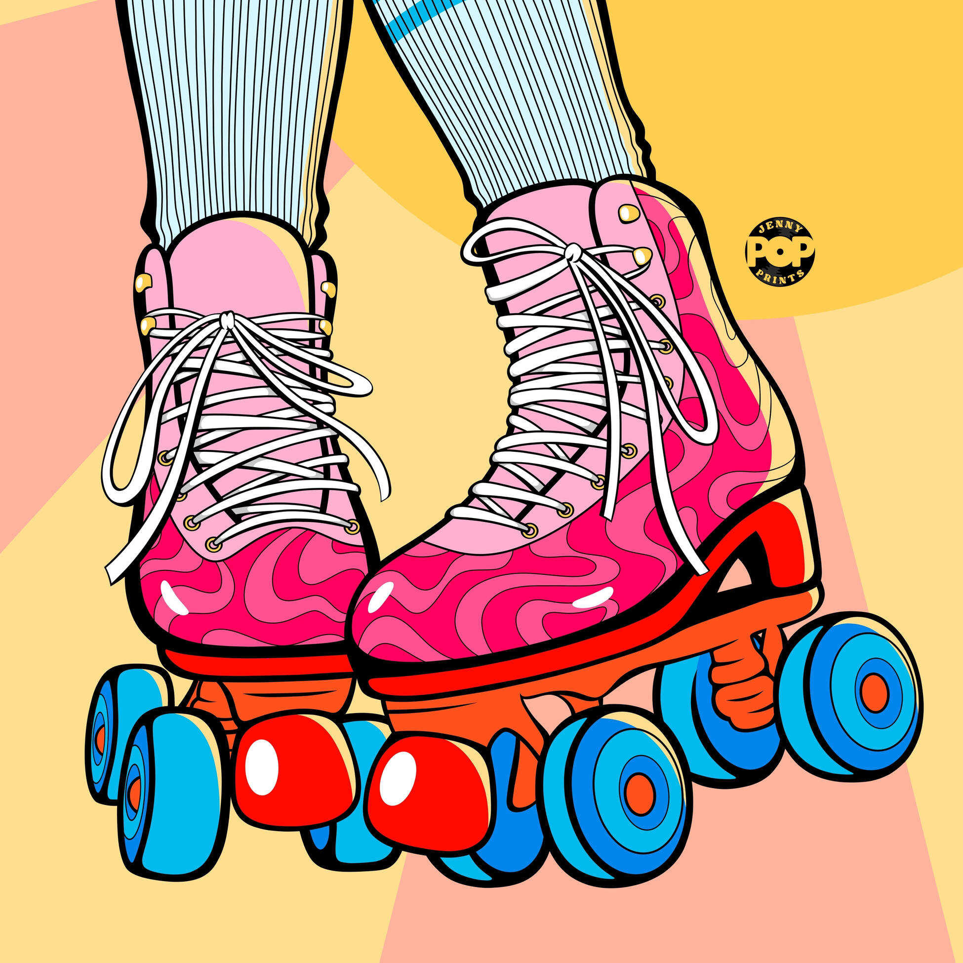 Digital drawing in pop art and comic style of vintage roller skates. The girl wears them with striped blue socks. The roller skates have pink, red, orange patterns and the wheels are blue.