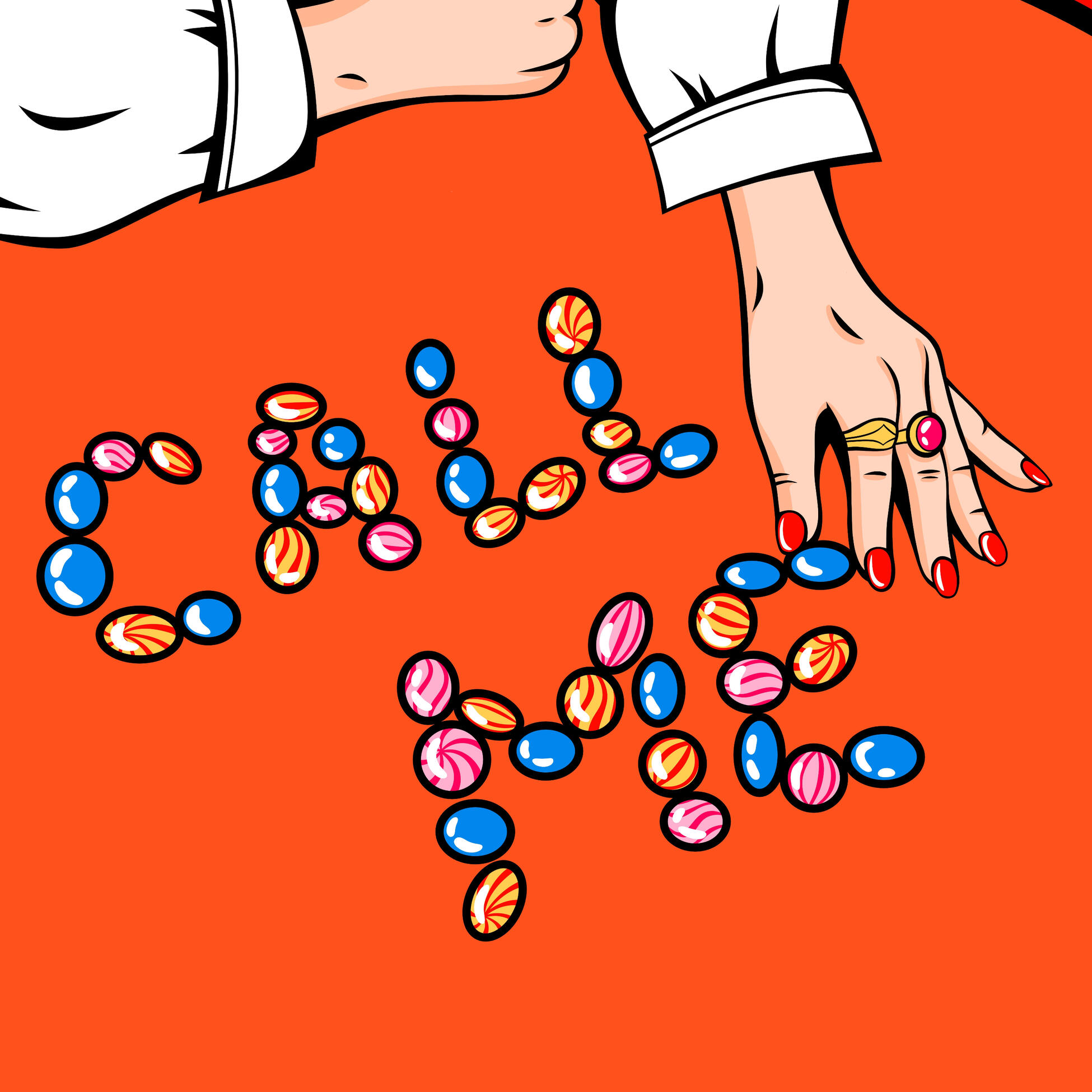 Digital drawing in pop art and comic style of a girl using colorful candies to write "call me" on an orange table.